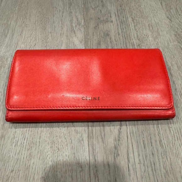 Celine Leather Vintage Bifold Long Wallet Women's - Red With Gray Interior EUC - Picture 1 of 10